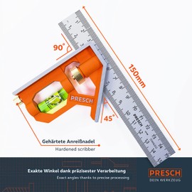 Presch Combination Square 150mm Metric – Accurate Universal Adjustable Carpenter Square with Stainless Metal Stop Ruler and Scribing Tool - Professional Measuring Tool