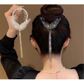Rannyrena Pearls Tassel Rhinestone Ponytail Claw Clip for Women Crystal Bow Ponytail Bauckle Buns Hair Holder Sparkling Metal Hair Bun Accessories (Dark Grey Angle Wings)