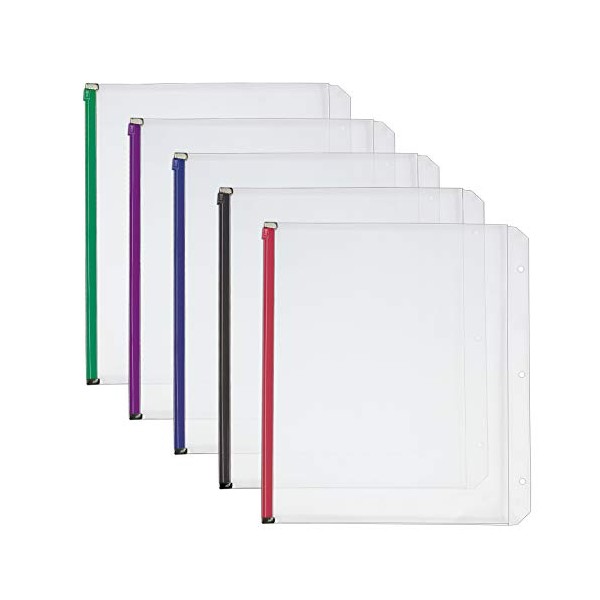 Cardinal Plastic Zippered Binder Pockets, 3-Hole Punched, Fits Full Letter Size 8-1/2" x 11" Sheets, Clear with Multicolor Zippers, 5-Pack (14650)