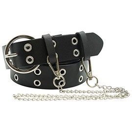 Ro Rox Reign Gothic Grunge Punk Double Eyelet PU Belt with Round Buckle & Chain - Black