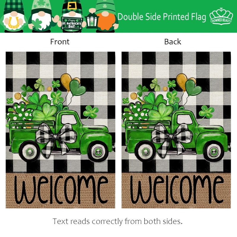 CROWNED BEAUTY St Patricks Day Shamrocks Truck Garden Flag 12x18