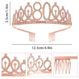 Rose Gold 80th Birthday Crown and Sash Girls 80th Birthday Decoration Rhinestone Birthday Tiara Princess Crown Queen Tiara Birthday Sash Girls 80th Birthday Decoration Party Clothing Accessories,