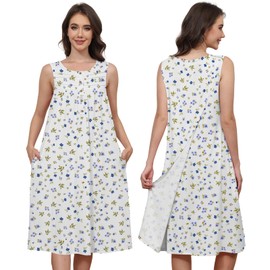 Liokoc Hospital Gowns for Women Tear Away Snap Open Back Post Shoulder Surgery Sleeveless Adaptive Clothing with Pockets White Flower