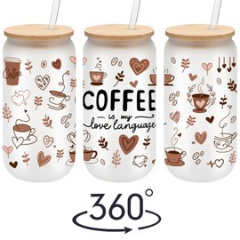 Mikopei Coffee Gifts for Women - Coffeeis My Love Language Glass Cup with Lid and Straw, Coffee Lover Gifts Bar Decor Station Accessories, Cute Smoothie Cup, 16 oz