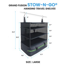Grand Fusion Stow-N-Go Portable Hanging Travel Shelves, Packing Organizer for Luggage. Carry on Closet with Hanger for Clothes. Expandable Packing Cube. Travel Essentials from Large, Dark Gray