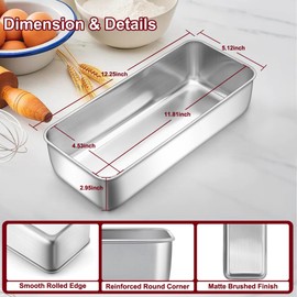 LIANYU Loaf Pans for Baking Bread 12 x 5, Stainless Steel Large Baking Pans Set, Deep Meatloaf Pans for Homemade Bread, Cakes, Sandwich, Solid & Durable, Dishwasher Safe