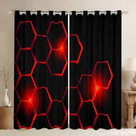 Kids Honeycomb Curtains Living Room Modern Geometry Hexagon Darkening Dreapes Children Decor Geometrical Blackout Curtains Beehive Geometric Black Red Window Treatments (2 Panels, 42 x 63 Inch)