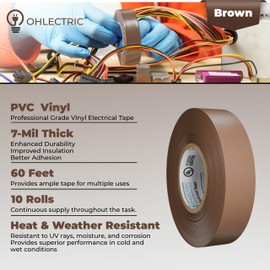OhLectric Professional Grade Vinyl Electrical Tape - 7 Mil Thick, Heavy Duty, Flame Retardant, Heat Resistant - 3/4 Inch x 60 Feet - UL, CSA Listed (Pack of 10) (Brown)