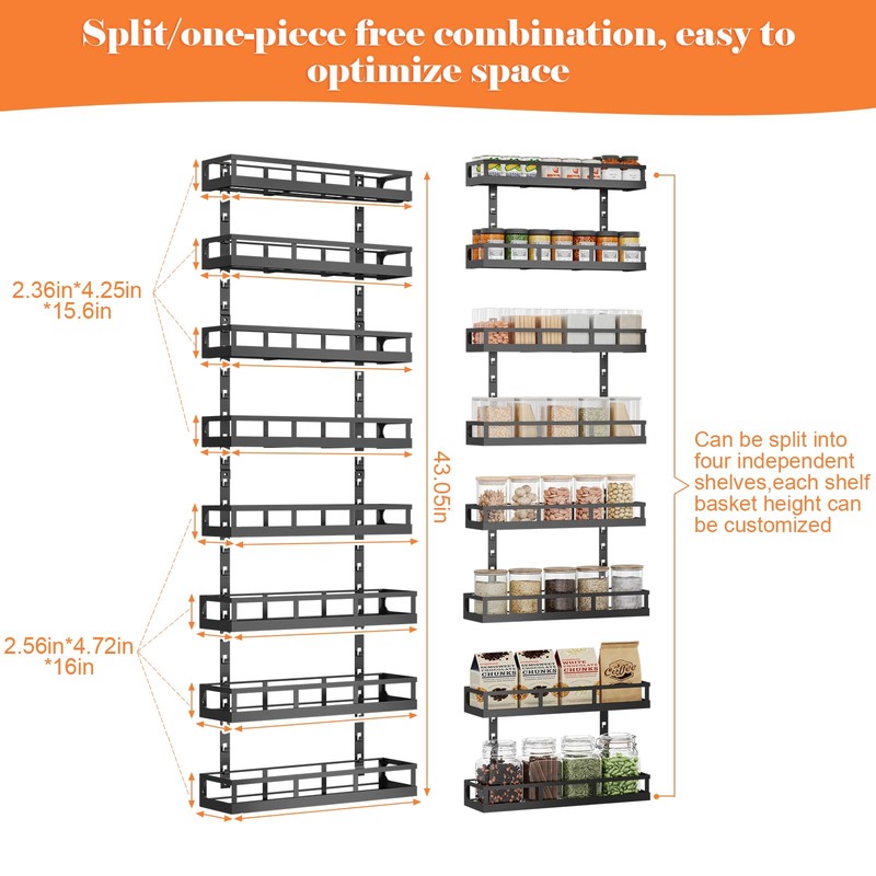 X-cosrack 8-Tier Adjustable Spice Rack – Wall-Mounted Space-Saving Organizer with