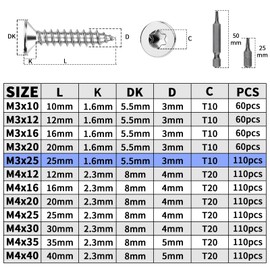 Mbsomnus Pack of 110 Screws M3 x 25 mm Wood Screws Torx Stainless Steel A2 V2A Countersunk Screws Wood DIN7991 Chipboard Screws Full Thread Self-Tapping Screws for Furniture Machine Repair
