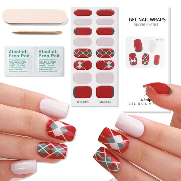 Semi-cured Gel Nail Strips, Red and White Nail Wraps, 16 Pieces, Waterproof Gel Nail Stickers with Nail File, UV/LED Lamp Required (Purple)