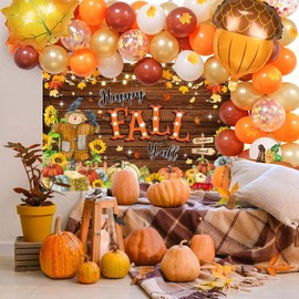 Mocsicka 7x5ft Happy Fall Y'all Backdrop Autumn Harvest Holiday Thanksgiving Happy Fall Party Decorations Pumpkin Maple Leaf Wood Birthday Baby Shower Banner Photo Props