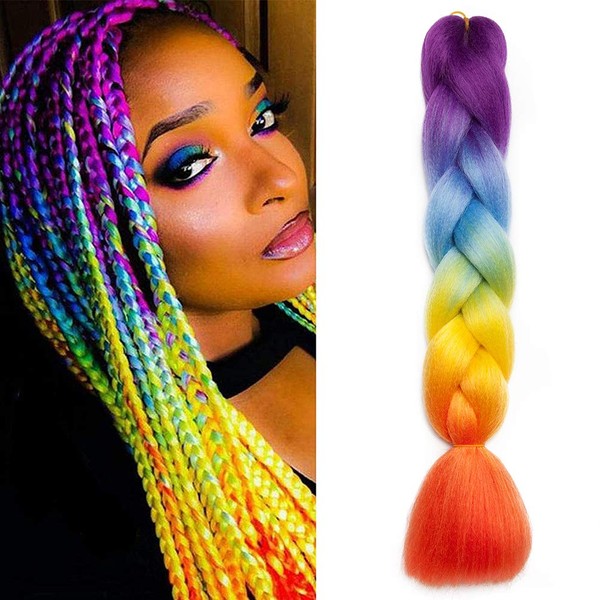Colourful Jumbo Braiding Hair Extensions, 4 Tones, 1 Piece, Ombre Synthetic Braid Hair Extensions, 60 cm, Purple to Blue to Yellow to Orange
