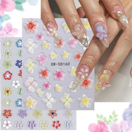 Jelly Flower Nail Art Stickers Cute Colorful Flower Nail Decals 5D Self-Adhesive Transparent Flower Nail Art Supplies Summer Floral Nail Designs Manicure Supplies for Women