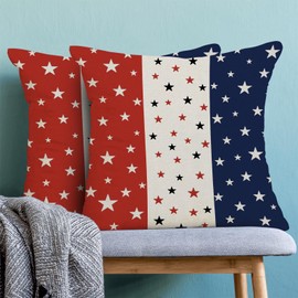4th of July Pillow Covers 18x18, Memorial Day Patriotic Outdoor Decorative Throw Pillows for Couch, Red Blue White Star Decor Cushion Cover 2 Pcs American Flag Linen Pillowcase for Bed Car Safa