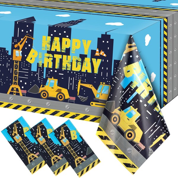 Construction Happy Birthday Tablecloth Dump Truck Birthday Table Covers Tractor Plastic Printed Tablecloth Construction Themed Birthday Party Decoration Supplies for Kid Boy (Blue, 3 Sheets)