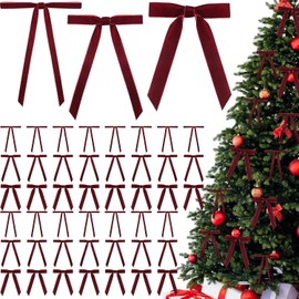 30 Pcs Christmas Velvet Wreath Bow, 5 x 7 Inch Vintage Velvet Ribbon Bows Rustic Crafts Gift Bows for Holiday Xmas Tree Wrapping Crafts (Burgundy Red, Width of 1", 5/8", 3/8")