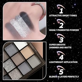 Paleta De Sombras De Ojos Gris Ahumado Negro, Paleta De Maquillaje De Sombra De Ojos Mate Brillante De 15 Colores, Paleta De Sombras De Ojos Con Purpurina Gris Oscuro Pigmentada De Larga Dur