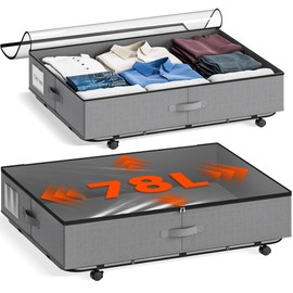 XXXL 78L Under Bed Storage with Wheels, Rolling Storage Containers with Clear Lid & Label, Heavy-Duty Metal Frame, Easy Pull-out, Underbed Storage Bins for Clothes, Shoes, Blankets, and Toys(2PACK)