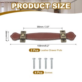 PATIKIL 6" Leather Drawer Pulls with Iron Sheet, 2 Pcs Leather Strap Trunk Handle Cabinet Knobs Hardware Replacement with 22mm Screws for Dresser Door Suitcase Luggage, Light Brown