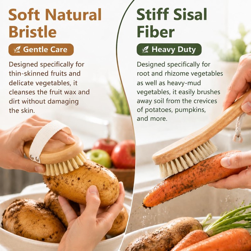 Wooden Vegetable Brush Set with Handle, Potato Scrubber for Fruits