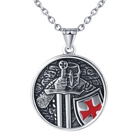 INFINIONLY Creative Men's Round Stainless Steel Necklace Locket Vintage Knight of the Cross Graphic Engraving Chains with Pendant with 55 cm Chain Fashion Boys Teenagers Jewellery 4.5 x 3.6 cm
