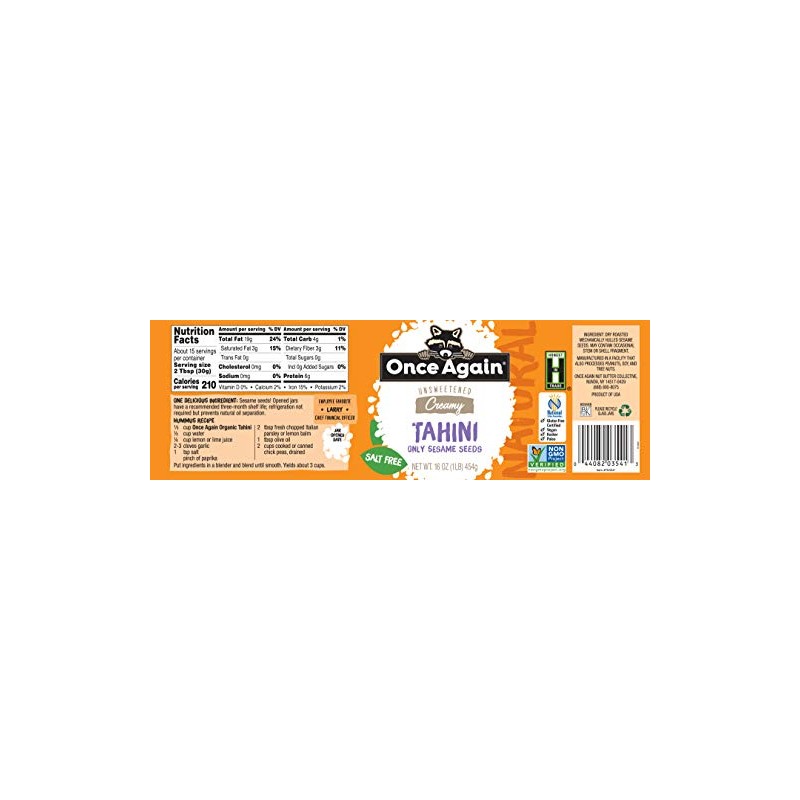 Once Again Natural Sesame Tahini - Salt Free, Unsweetened -