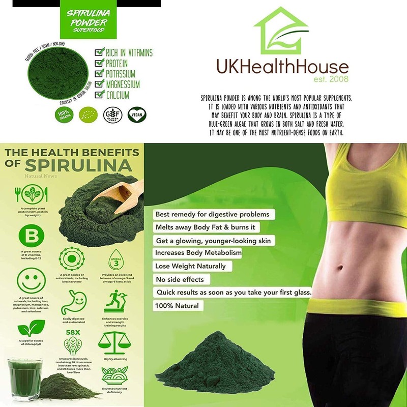 50g UKHealthHouse Pure Premium Spirulina Powder - 62.3% Protein -