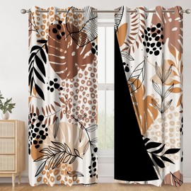 AWERT Boho Leaves Printed Blackout Window Curtains for Living Room Brown Eucalyptus Black Leaves Bohemia Natural Drapes Decor for Bedroom Darkening Curtains Set of 2 Panels, Each Size 53x84 Inches
