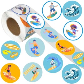 500 Pieces Surfs Up Party Decorations Labels Roll Stickers - Summer Surf Themed Party Supplies Decor Favors Surf's Up Jar Containers Letter DIY Sticker Surfing Labels Decals