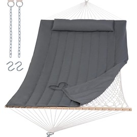 Double Hammock with Stand for Outside, Rope Hammocks with Polyester Pad 2 Person, 12ft Heavy Duty Stand, Extra Pillow, Storage Sidebag, Max 475 lbs Capacity (Gray)
