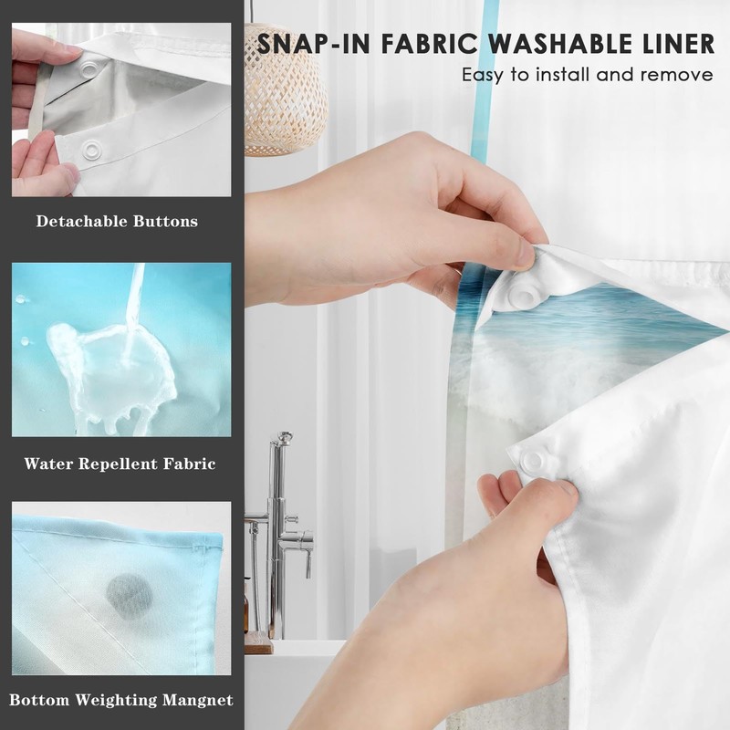 Nesphy No Hook Beach Summer Starfish Shower Curtain with Snap