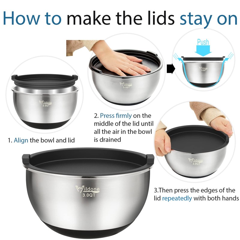 Wildone Mixing Bowls with Airtight Lids, Stainless Steel Nesting Mixing