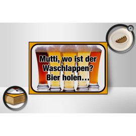 FEMER Holzschild Bier 18x12cm Mutti wo Waschlappen Bier Holen