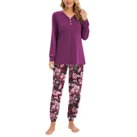 Famulily Women's Pajama Set Casual Cotton Long Sleeve Sleepwear Soft Loungewear Wine L