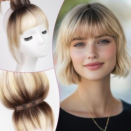 EMMOR Clip in Bangs, 100% Human Hair Bangs with 3 Non-slip Clips, 360°Cover Top HairPieces with 5 inch Wispy Fringes for enhancing Women's Facial Features(Ombre Bleach Blonde)