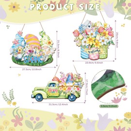 Menkxi 3 Pcs Spring Easter Wreaths for Front Door Decorations Wooden Easter Door Sign Hanging Gnomes Flower Truck Welcome Sign for Front Porch Home Farmhouse Decorations(Spring Flower)