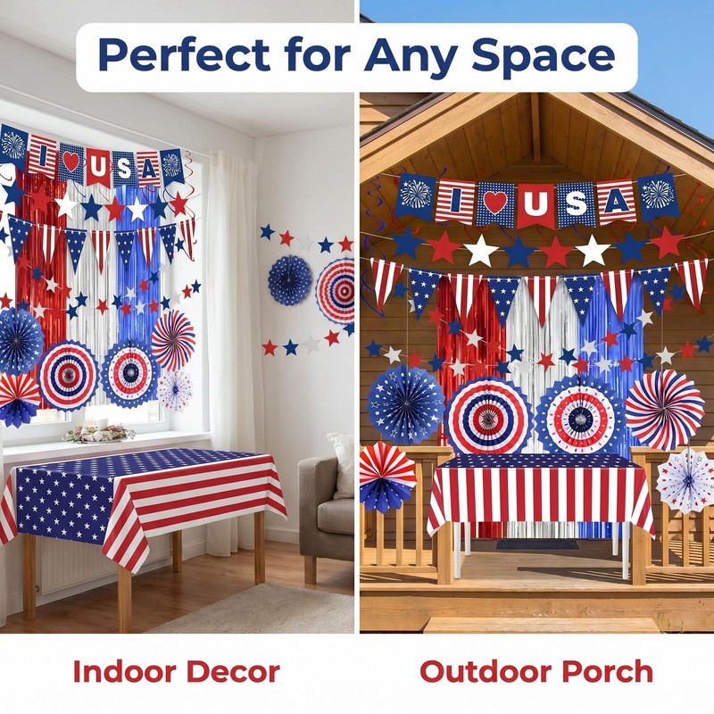 62PCS Patriotic Memorial Day Decorations Set,Red White Blue Paper Fans