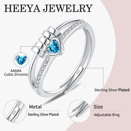 Birthstone Rings for Women,Dainty Sterling Silver Plated Fidget Rings,Blue Anxiety Heart Ring,Adjustable Spinner Birthstone Ring for Women,March Birthday Christmas Gifts for Wife Daughter Sister