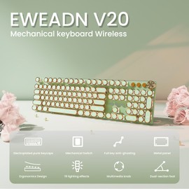 EWEADN V20 Typewriter Keyboard Wireless, 104 Keys Typewriter Style Mechanical with White Backlit, Media Knob, Pink Switch 2.4G/Bluetooth/USB-C Wired Retro Full Size Keyboard for Windows/Mac/PC-Green