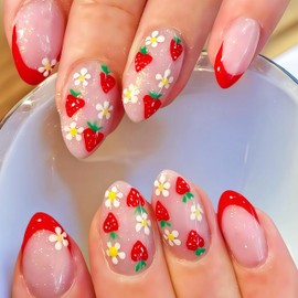 SHUXILIN Red French Tips Press on Nails Short Almond Fake Nails Cute Strawberry Full Cover Glue on Nails with Glitter Strawberry Flower Designs Glossy False Nail Artificial Stick on Nails for Women