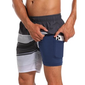 SILKWORLD Mens Swimsuit Trunks 4 Way Stretch Mens Swim Trunks with Compression Liner Bathing Suit Quick Dry Swim Shorts with Zipper Side Pockets, Stripe (Black & Gray Gradient), Small