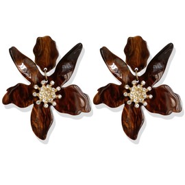 Unique Bohemian Oversized Acrylic Resin Flower Dangle Drop Earrings Summer Retro Large Sparkly Hawaii Crystal Flower Lei Stud Earrings for Women Statement Wedding Jewelry Gifts (Brown-9)