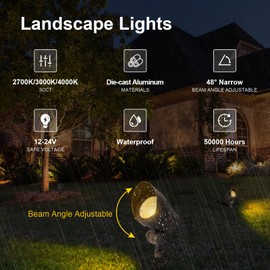12-Pack 3CCT Low Voltage LED Landscape Spotlights, 2700K/3000K/4000K Selectable, 3W 12-24V Outdoor Pathway Lights CRI90+, Aluminum Housing Landscape Lights for Garden Yard, ETL Listed, Bronze Finish