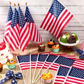 Mindsoft 150 Pack American Flags on Stick, 8 x 12 Inch, Handheld USA Flags with Spear Top, Ground Wood Flagpole Pluggable Hand Held Stick Flags for Memorial Day Parades Veteran Party Decorations