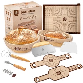 Banneton Bread Proofing Basket Set with Sourdough Bread Baking Supplies, A Complete Sourdough Starter Kit with Bread Lame, Danish Whish, Bowl & Dough Scraper, 2 Bread Slings, and Baking Mat