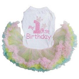 Petitebella Pink Rhinestones My 1st Birthday Puppy Dog Dress (White/Rainbow, Large)