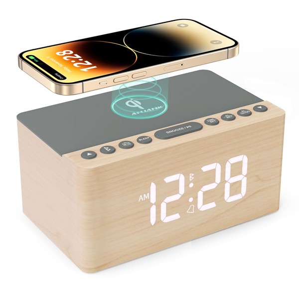 ANJANK Wooden Alarm Clock Bluetooth Speaker, FM Radio, Wireless Charger, USB Charging Port, 0-100% Dimmer, Sleep Timer, LED Display with Digital Clock, Fashion Desk for Bedroom, Bedside, Desk,