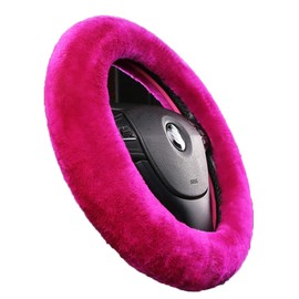 Fluffy Fur Wool Sheepskin Car Steering Wheel Cover for Woman Universal Auto Fuzzy Steering Wheel 14 1/2 inch-15 1/2inch Protector, Comforting Luxurious Soft (Magenta)