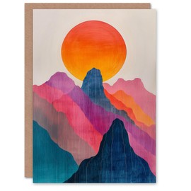 Artery8 Birthday Card Colourful Abstract Boho Alps Mountain Range Sunset Blank Art All Occasion Greeting Card